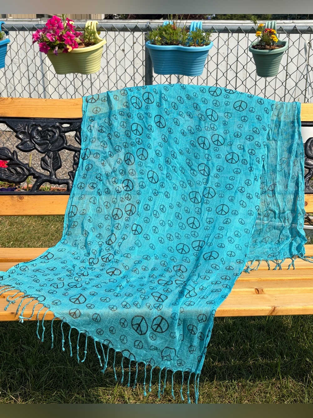 3/$30✨🩵☮️Turquoise Peace Sign Fringe Scarf | Lightweight Boho Wrap ☮️🩵✌️